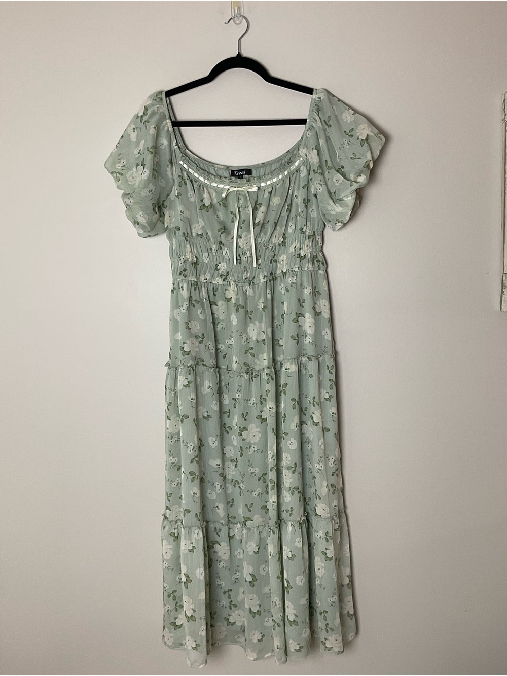 Trixxi Floral Sage Green Tiered Maxi Dress Boho Cottagecore Milkmaid XL